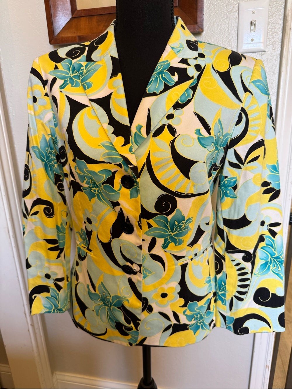 Tahari Yellow, Teal & Black Floral Blazer